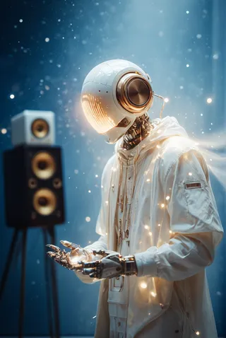 A photorealistic futuristic robot with a glowing white head and metallic body. The robot is posed dynamically with sound waves around, surrounded by bright light effects and sparkles against a blue background.