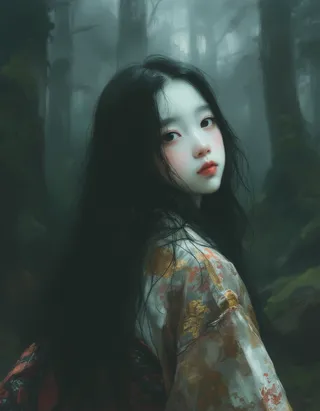 A hyperrealistic soft digital painting of a Japanese ghost teen girl with pale face and white makeup wearing a traditional kimono with faded patterns, standing in a misty forest under eerie soft Rembrandt lighting.
