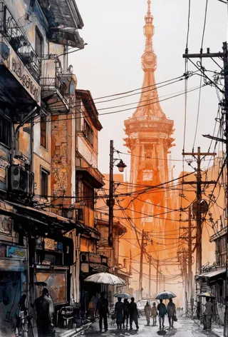 Vertical urban street scene featuring silhouetted figures with umbrellas under power lines, a prominent central tower glowing in warm orange hues, rendered in expressive Mategake style.