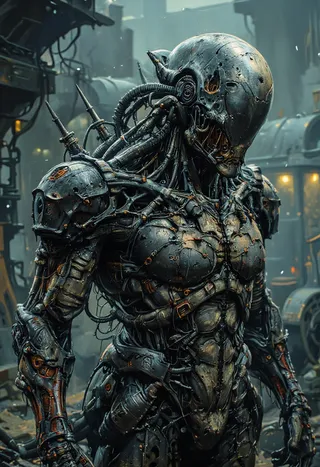 A robust robot featuring a titanium modular system and robotic armor plating in a busy industrial complex, evoking a horror and nightmare theme.