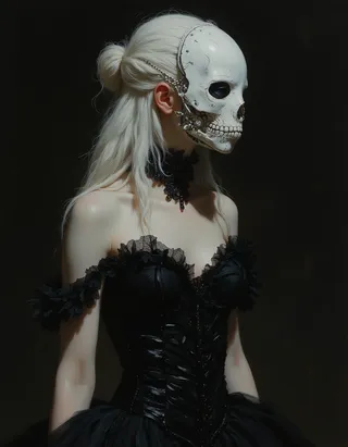 Portrait of a young girl with pale translucent skin and long white hair, wearing a black corseted lace dress and a detailed white skeletal mask, set against a dark background.