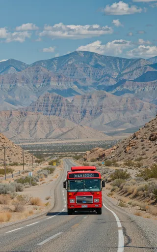 A red bus traveling on a deserted winding road with rugged mountains in the background under a partly cloudy sky.