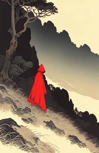 A solitary figure wearing a striking red cloak with a hood obscuring the face stands on a gentle mountain slope, surrounded by muted browns and yellows with vertical trees and distant peaks in the background.