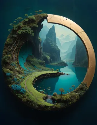 A circular floating landscape featuring lush greenery, trees, a serene mountain lake, and towering rocky peaks in the background.
