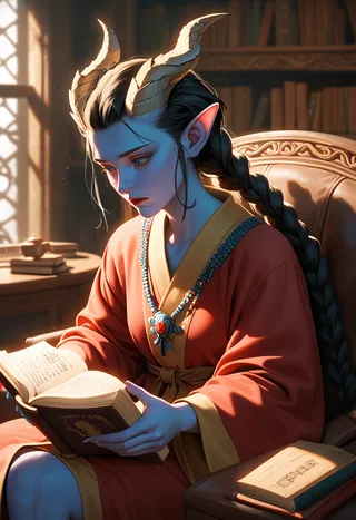 A female dragon hybrid with multicolored dark matte scales and large curved horns reads an ancient tome in a warmly lit library, wearing a drab homemade robe and a braided ponytail.