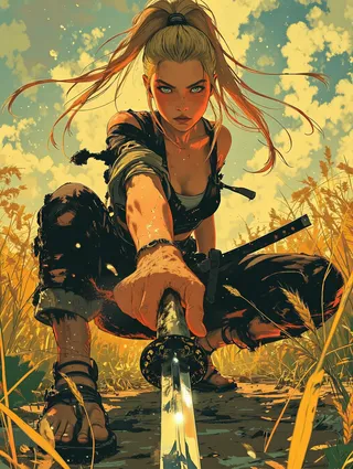 Detailed anime-style digital illustration of a fierce young woman with long blonde hair in a high ponytail, crouched in a golden wheat field holding a gleaming katana towards the viewer.