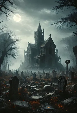 A dark, foggy gothic cemetery at night with old tombstones lit by a full moon, featuring a haunted decrepit castle in the background and eerie shadows.