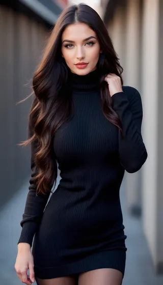 A fit young Icelandic woman with long jet black hair wearing a fashionable black turtleneck sweater dress standing outdoors in a night urban setting, with detailed eyes and a shy smile.