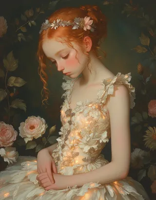 A serene teen princess with translucent pale skin and red hair, wearing a glowing flower petal dress and a silver floral circlet, in an oil painting style.