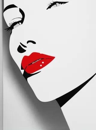 Minimalistic black and white graphic design of a woman's face silhouette featuring bold red lips and high contrast details.