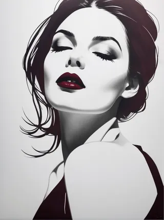 Black and white graphic design featuring a minimal silhouette of a woman with stylized maroon lips and high contrast shading.