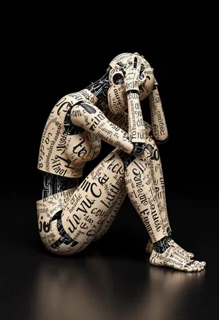 Biomechanical female robot sitting with head resting on knees, covered in beige skin with fragmented black letters and words in Letterism style on a dark background