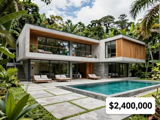 Modern eco style mansion featuring wood trimming and concrete slabs, surrounded by lush jungle greenery with a swimming pool and lounge chairs