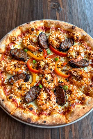 A pan pizza topped with pan roasted cajun shrimp, sausage slices, red and yellow bell peppers, green onions, melted cheese, and seasoning.