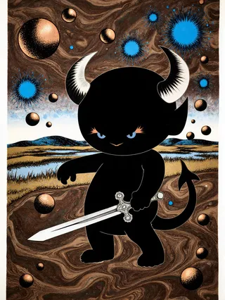 Gurokawa style artwork of a black demon holding a silver sword surrounded by blue sparks and round shapes on pullman brown marbled paper, with a wetland vista in the background.