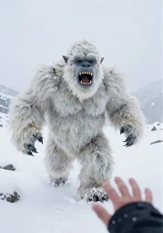 A fierce yeti with white fur and sharp teeth reaching out with a hand in a snowy mountain blizzard.