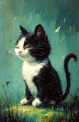 Painting of a black and white cat with eyes closed, sitting peacefully in a textured grassy field, rendered with visible brushstrokes and soft lighting.