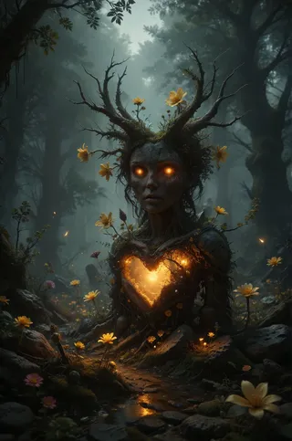 A dark fantasy scene in a withered forest showing a tree spirit with glowing eyes and a bright heart-shaped core surrounded by yellow flowers.