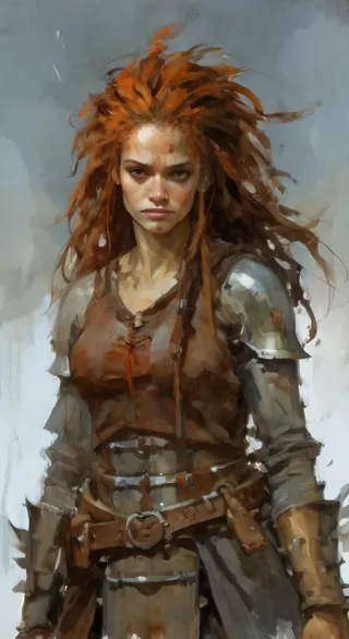 A digital watercolor-style painting of a fierce female knight wearing armor with red dreadlocks and a barbarian grin, set against a muted background.