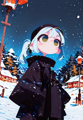 Stylized anime girl with white hair and dark overcoat standing in a snowy village at night with falling snow and glowing lampposts.