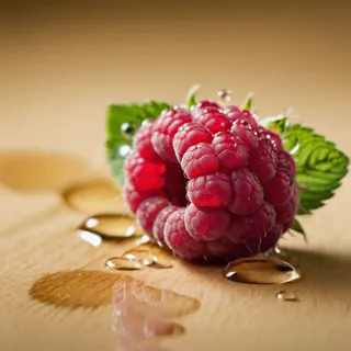 Close-up macro shot of a wet raspberry with water droplets and a green leaf on a wooden surface