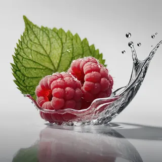 Close-up of wet raspberries with water droplets splashing on a white background with a green leaf behind