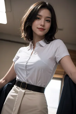 Photorealistic image of a woman with a light smile wearing a white collared shirt and beige pants with a black belt, shown waist up under dramatic lighting from below.