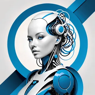 Close-up portrait of a futuristic female android with a blue and white cybernetic design, intricate mechanical circuits, and glowing blue eyes.