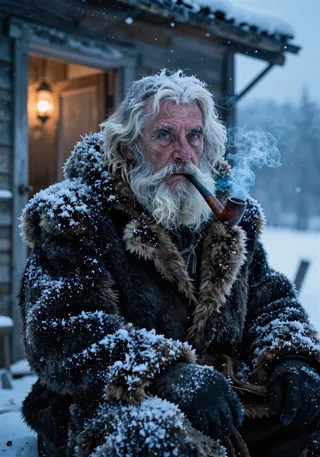 Close-up portrait of a 75-year-old mountain hermit with piercing blue eyes and a long white beard covered in frost, wearing a massive bear-fur coat dusted with snow, smoking a wooden pipe, sitting outside a snow-covered cabin with warm lantern light glowing behind.