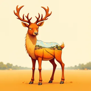 A qilin with reddish-orange fur and large antlers standing on a plain. Its body is transparent showing a vivid rural countryside with golden farming fields and houses reflected inside, under a calm blue sky with fluffy clouds.