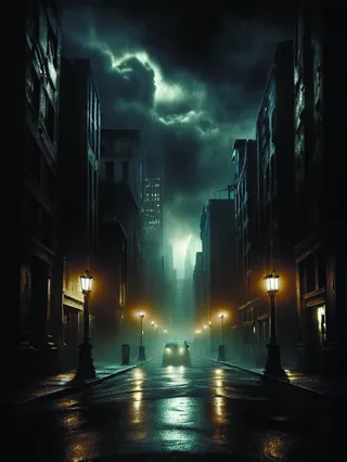Dramatic dark urban apocalypse scene with wet street, vintage street lamps, and a lone car under stormy skies.