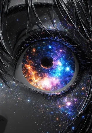 Close-up of a cosmic eye showing a detailed iris filled with vibrant nebula colors and star constellations, surrounded by reflective eyelashes and cosmic fractal effects.