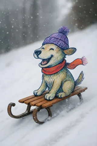 A hand-drawn colored gel pen sketch of a happy dog wearing a purple winter hat and red scarf sitting on a wooden toboggan sliding through snow with falling snowflakes.