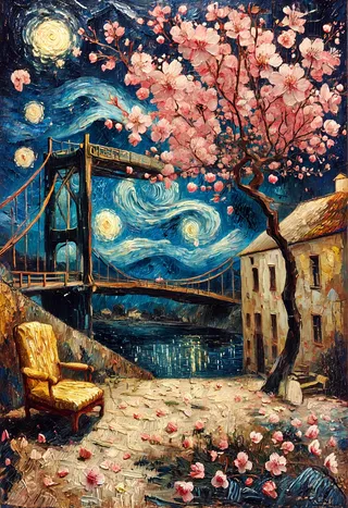 Oil painting in Van Gogh's style depicting Langlois Bridge under a starry night sky with swirling stars and glowing orbs, vibrant pink Sakura petals blooming on a tree and scattered on the ground, beside a rustic house and a yellow armchair.