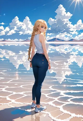Anime girl with long blonde twin braids and blue eyes stands on the mirror-like surface of Uyuni salt lake, reflecting clouds and blue sky under strong sunlight.