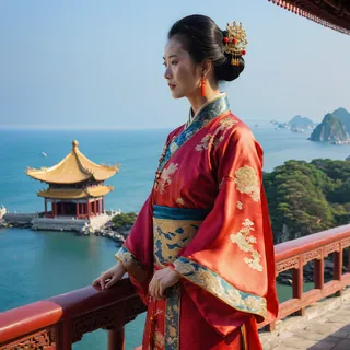 A royal Chinese dynasty member wearing intricate traditional silk clothing with golden embroidery, overlooking an ocean with a Chinese temple in the background.