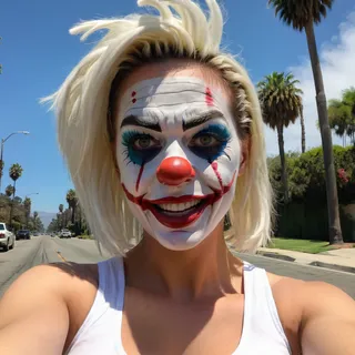 West coast girl with exaggerated clown makeup taking a selfie outdoors wearing a white tank top, with palm trees and a road in the background under daytime sunlight.