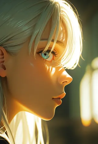 Close-up profile of Elizabeth Liones with blue eyes and white hair highlighted by dramatic golden lighting and soft reflections.