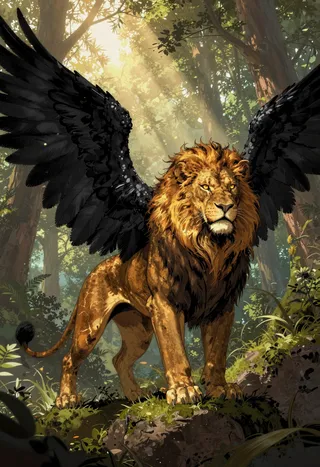 A majestic winged lion with obsidian-black wings stands on a mossy rock in a sunlit forest clearing, illuminated by warm amber light filtering through the trees.
