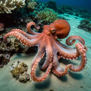 An octopus underwater near a coral reef with visible seaweed and sandy ocean floor, captured in a nature photography style.