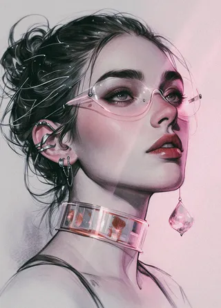 A detailed portrait of a woman with half of her face drawn in charcoal and half in soft pink paint, wearing futuristic asymmetric ear cuffs, translucent choker, and pink tinted glasses.