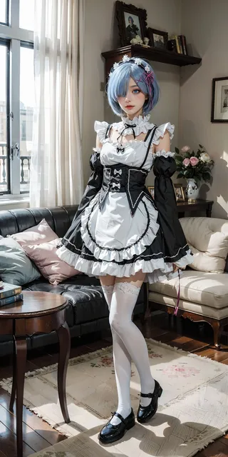 Full-body image of a girl with short blue hair and blue eyes wearing Rem's maid uniform with detached sleeves, white lace legwear, and black shoes standing in a cozy living room.