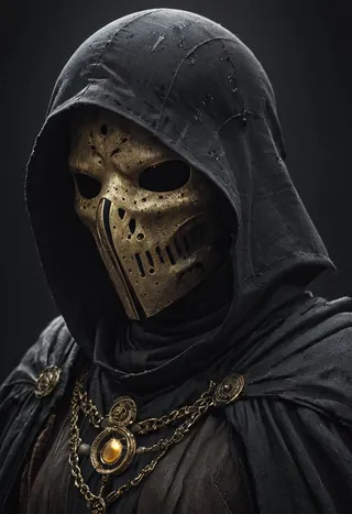 Dark hooded figure wearing a rotten plague doctor mask and an old high collar cyberpunk samurai jacket with a large linen cape and detailed gold chains.