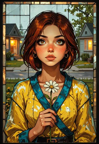 Portrait of a young woman with red hair and freckles wearing a yellow-and-blue kimono-style dress, holding a white wildflower, rendered in stained glass art style.