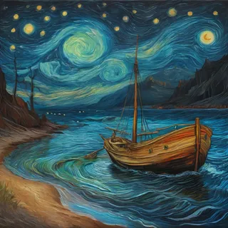 A colorful painting inspired by Van Gogh's Starry Night featuring a wooden boat on a swirling sea beneath a vibrant night sky filled with stars.