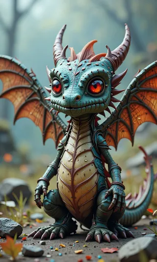 A small dragon with large red eyes and blue-green scales stands in a field surrounded by stones and leaves, with brown-orange wings and an animated background.