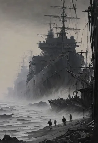 Monochromatic oil painting of a huge shipwreck with weary soldiers walking along a misty shoreline at dusk, featuring chiaroscuro lighting and surreal atmosphere.