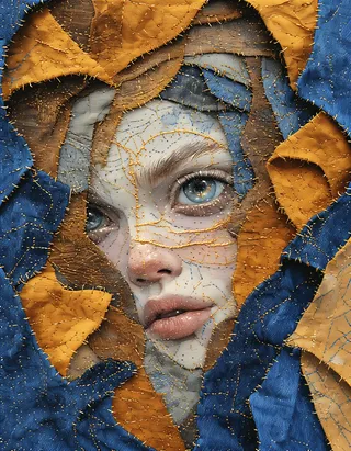 Close-up portrait of a woman crafted from woven denim and silk patches in burnt sienna and cobalt blue, richly embroidered with goldenrod stitches that trace constellation patterns on her face.