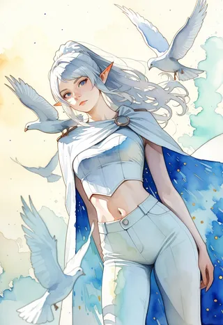 A semi-realistic watercolor painting of a white-haired elf woman with pointed ears, wearing a white crop top, white pants, and a flowing cape. She is surrounded by flying doves against a soft, pastel sky background.
