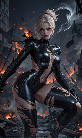 A fierce female fighter with short white hair and glowing eyes in a torn black supersuit, posed dynamically amid a destroyed city filled with fire and smoke, a glowing power aura surrounding her.